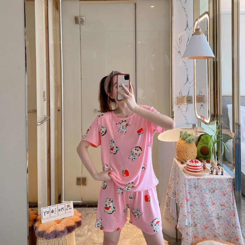 NEW SET PIYAMA IMPORT / SLEEPWEAR / BAJU TIDUR MURAH-Set Sinchan pink