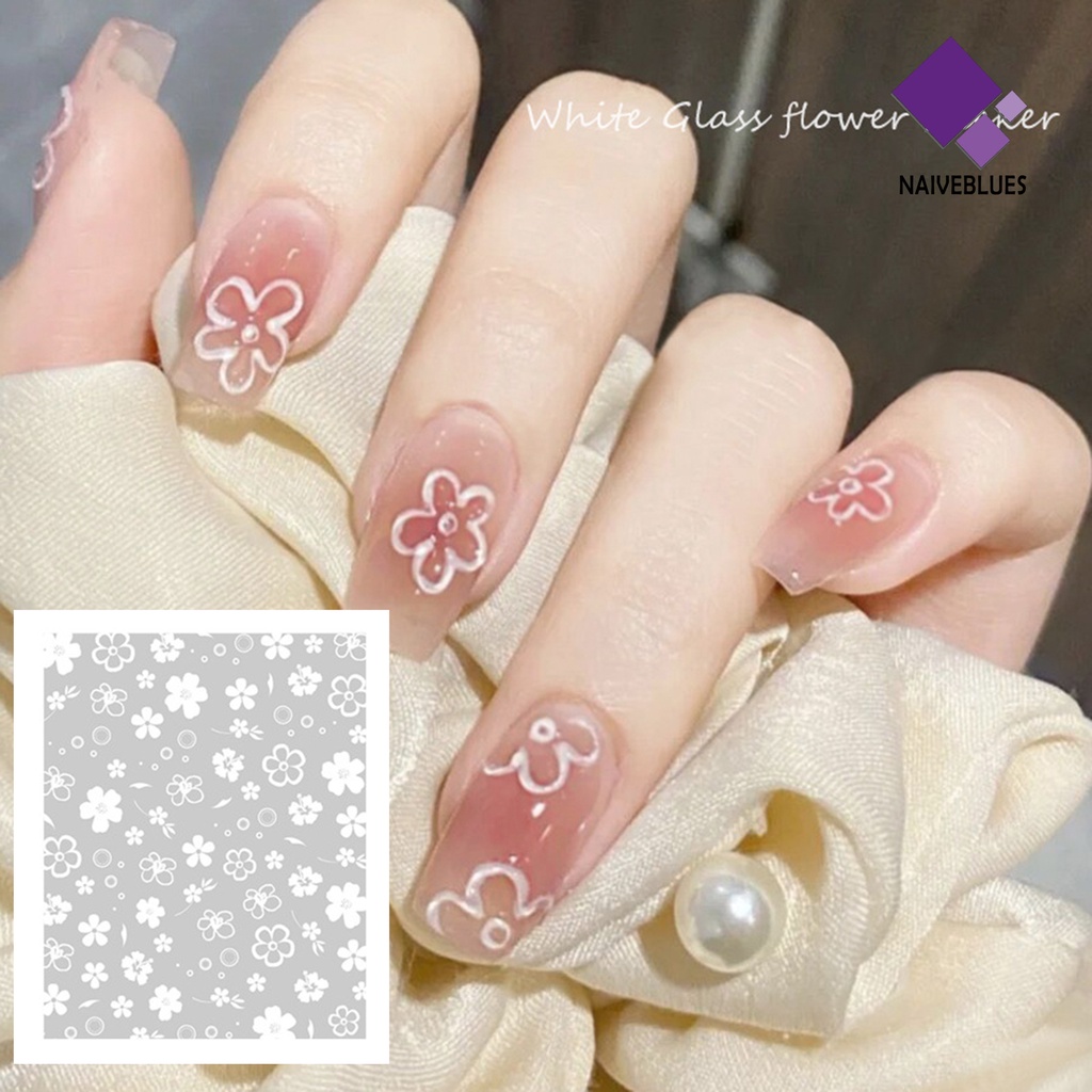 Naiveblue Stiker Kuku 2D Ultra Tipis Motif Bunga Putih Untuk Nail Art / Manicure