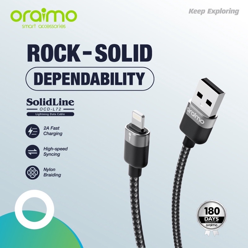 Oraimo OCD-L72 Solidline Kabel Data Iphone Lightning Cable 2A Fast Charging -  Garansi 1 Tahun