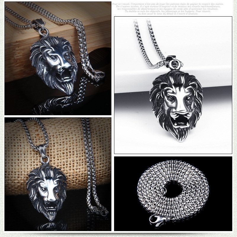 Kalung Liontin Kepala Singa Bahan Stainless Steel Gaya Vintage Punk Untuk Pria