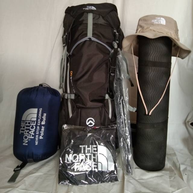 Paketan Tas Gunung Tas carrier tnf hitam 50l up 60l, matras, bucket hat, sleeping bag, rain cover, t