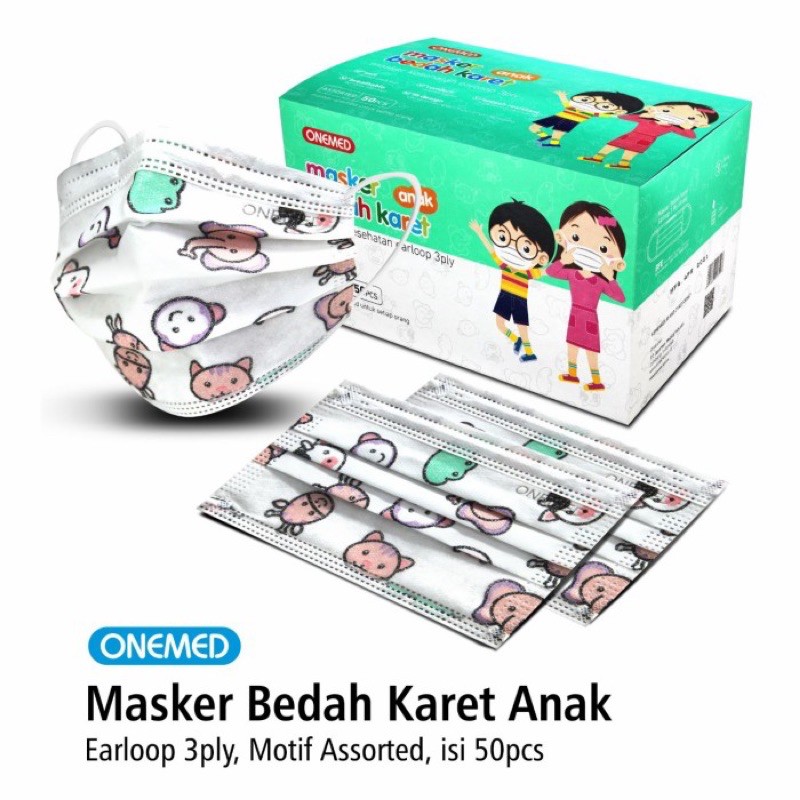 MASKER ANAK ONEMED MASKER BEDAH KARET EARLOOP 3 PLY ISI 50 PCS