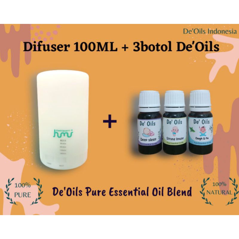 Difuser Humidifier 100ml + De'Oils Essential Oil Murni for baby Pure Essential Oil Imune Booster