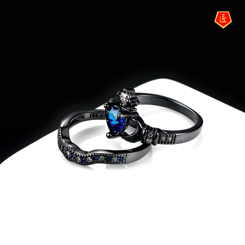 [Ready Stock]Double-Layer Ring Set Female Sapphire Heart-Shaped Crown Fashion Black Gold