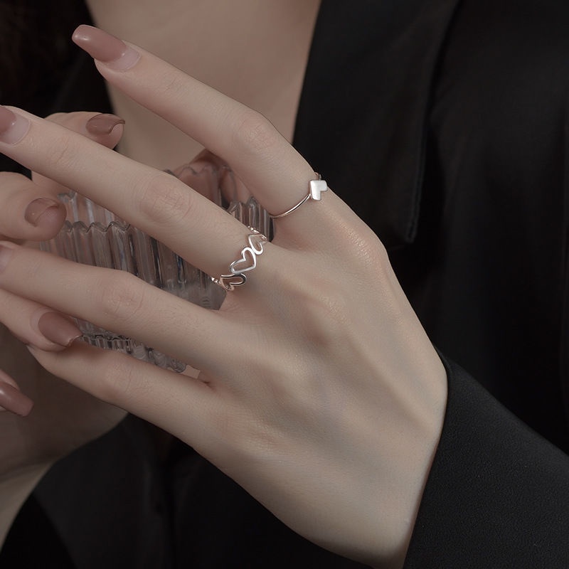 2pcs / Set Cincin Jari Telunjuk Model Terbuka Desain Hati Hollow Untuk Wanita