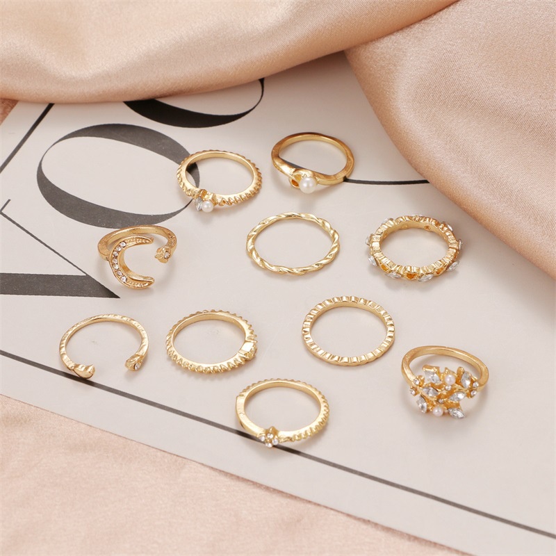 10 Piece Set Star Moon Ring Set Fashion Diamond Pearl Bohemian Set Ring for Women