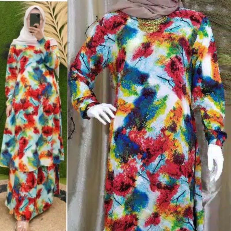 Ready Gamis Malaysia | Katun Viscose | Motif pelangi Non Busui
