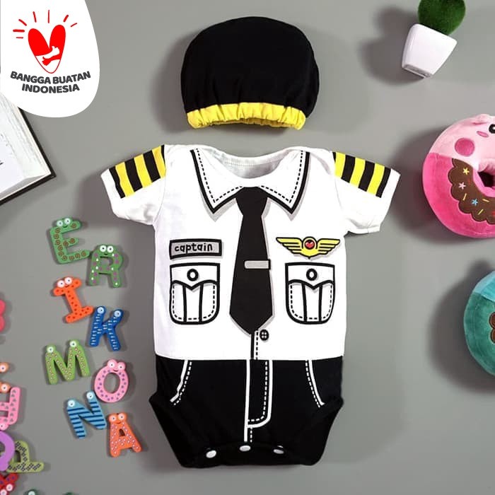 Setelan Jumper Bayi Motif Karakter Jumper Set Free Topi C7H4 Bayi Lucu Profesi Pilot Captain