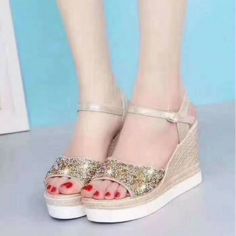 WG01 SEPATU SANDAL WEDGES RINGAN IMPORT WANITA KOREA PESTA PARTY ORIGINAL AKSEN GLITTER