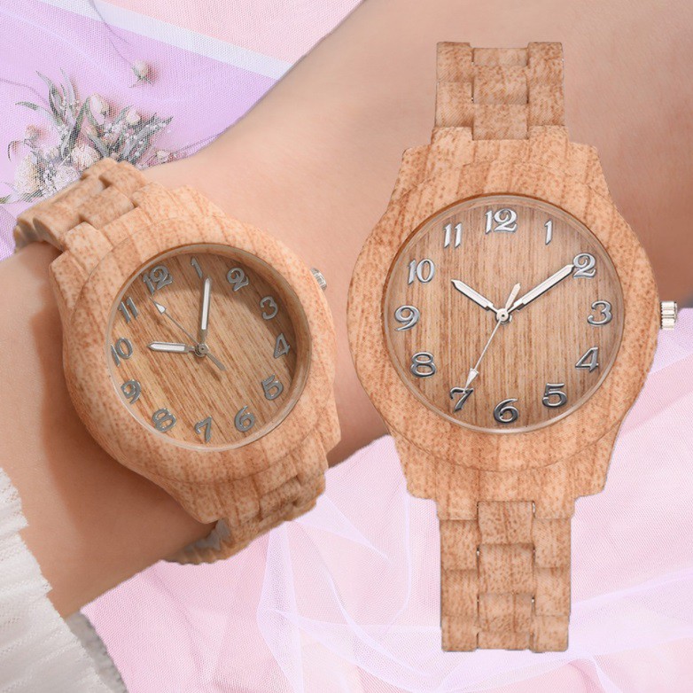 Jam Tangan KAYU Fashion Wanita Gaya Korea Casual Model Bulat Strap Quartz Analog Women Watches