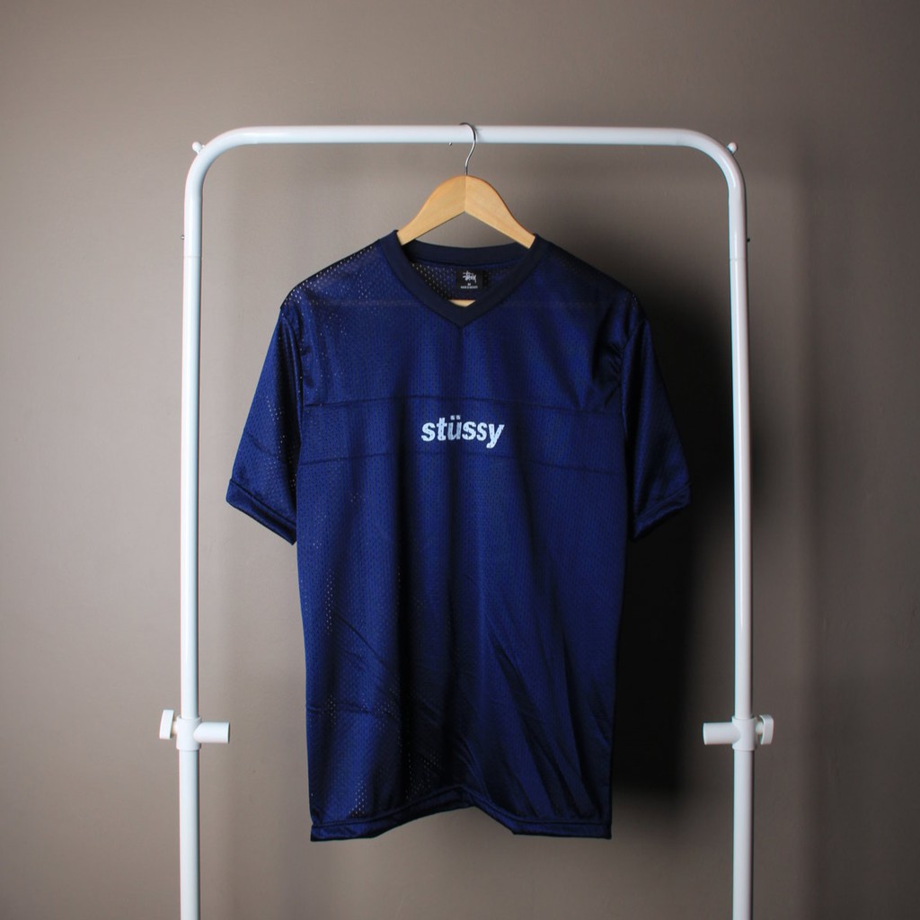 KAOS TSHIRT SKATE STUSSY S MESH V NECK NAVY ICLC AIN