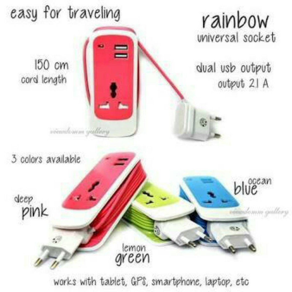 Charger Universal Socket Rainbow / Multi Outlet Panjang 150CM Stop Kontak USB / Adaptor Colokan Listrik Steker