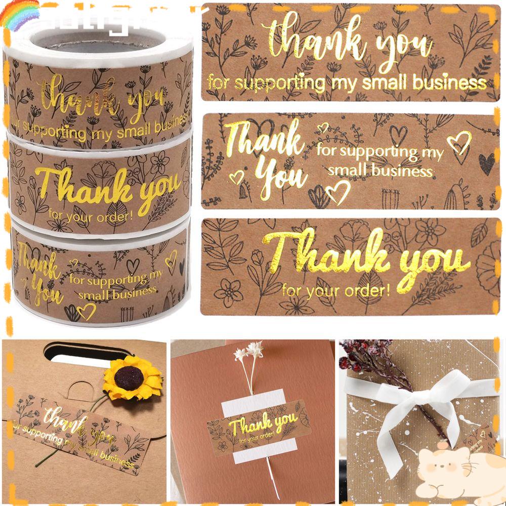 SOLIGHTER 120PCS/Roll 3x1 Inch Thank You For Supporting Stationery Kraft Paper Decals My Small Bussiness Package Decor Gift Hot Stamping Rectangle Leaves Floral Stickers Envelope Sealing Labels