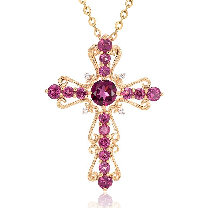 [Ready Stock]Fashion Inlaid Garnet Cross Pendant Personalized Necklace