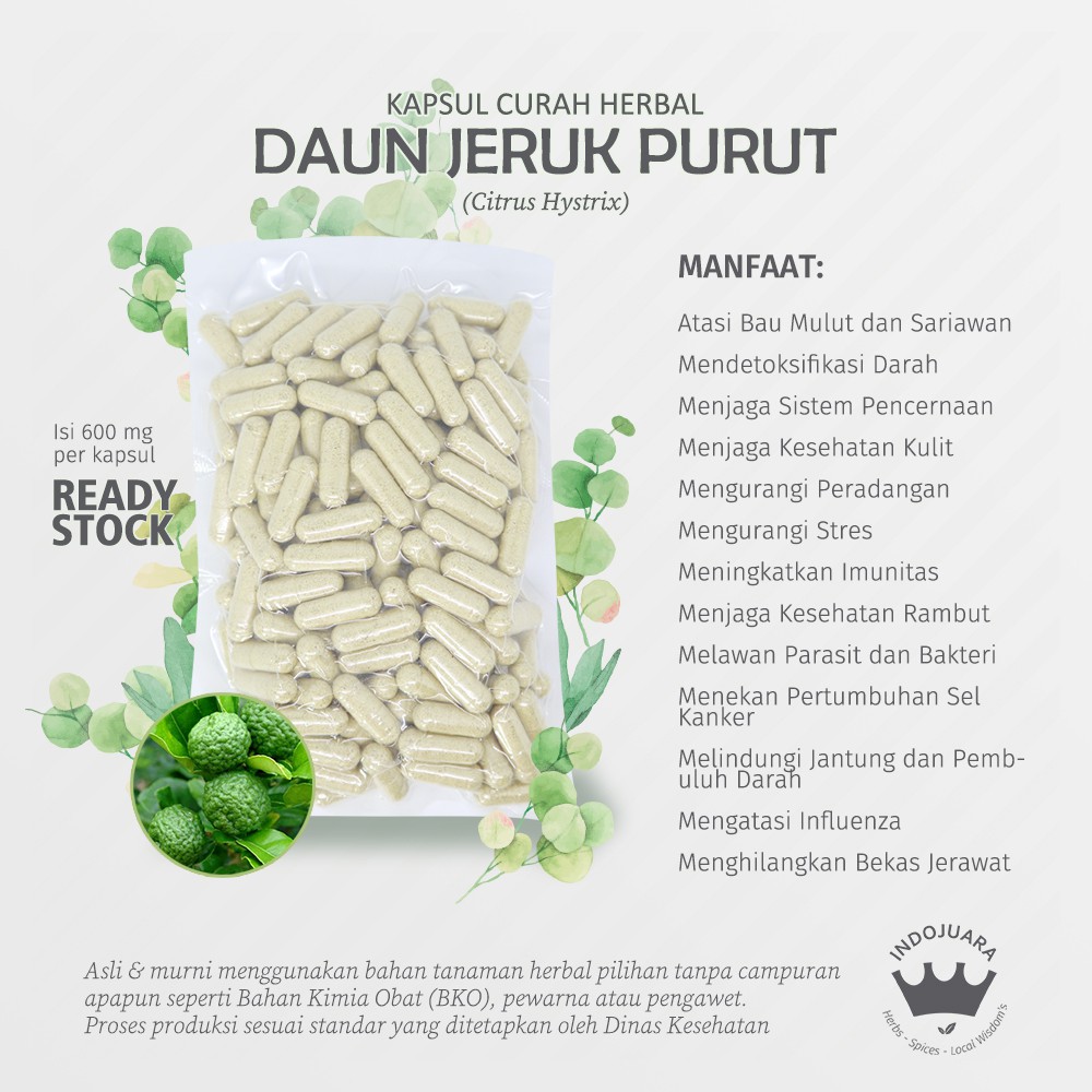 

DAUN JERUK PURUT 100 Kapsul Curah Herbal Bakteri E Coli Bau Mulut Gigi