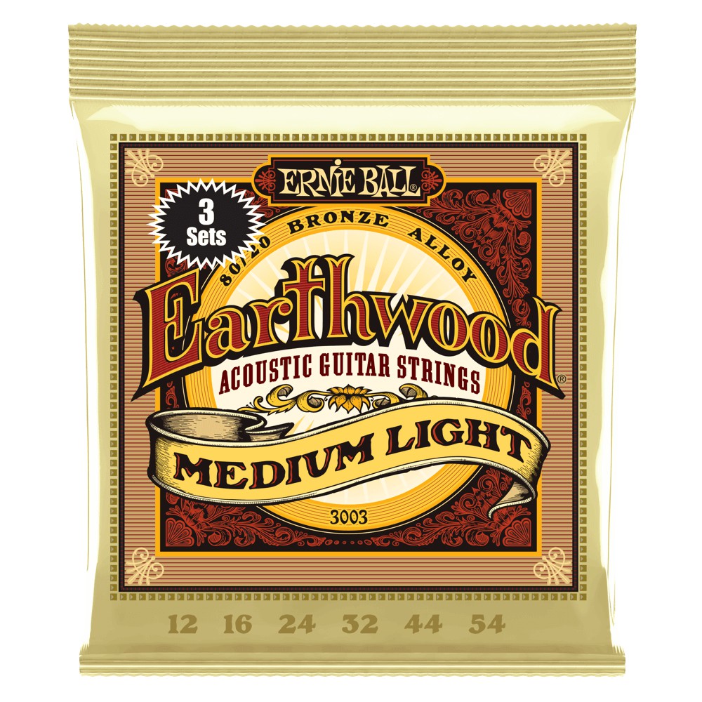 Ernie Ball Earthwood Medium Light 8020 Bronze Acoustic Guitar Strings 3 Pack  1254 Gauge P03003