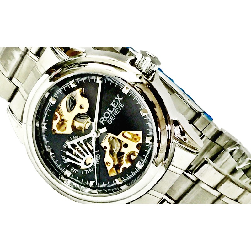 Jam Tangan Pria Skeleton Automatic Rolex Chain Silver