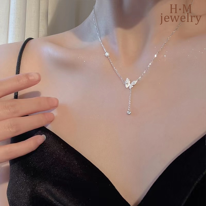 Kalung Rantai Clavicle Silver S925 Model Rumbai Kupu-Kupu Hias Berlian Mutiara