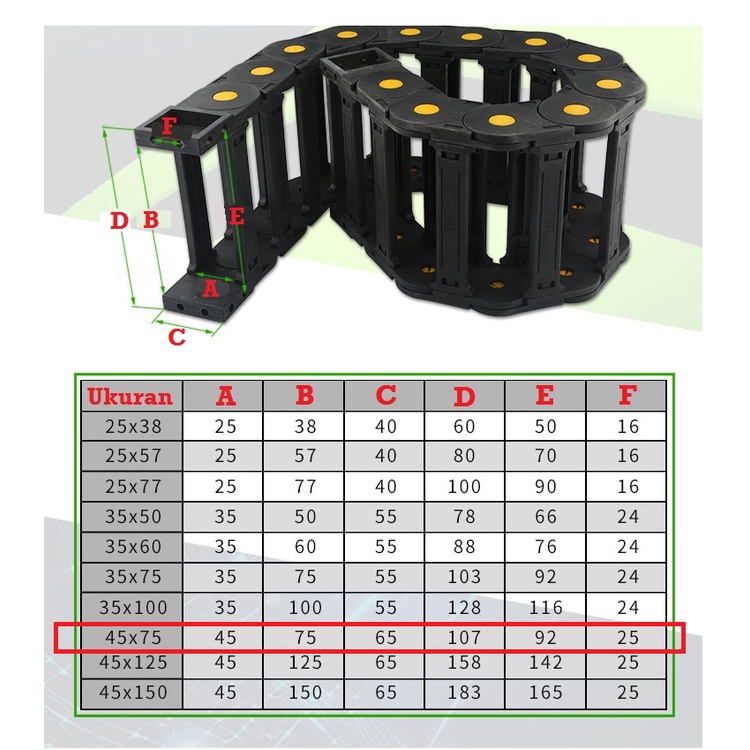 [HAEBOT] Kabel Cable Drag Chain Dragchain Wire Carrier 45x75 mm CNC 150cm Bridge Open Type Plastic Industri Mekanik Towline Mesin Pembawa Rantai 45 x 75 1.5 Meter