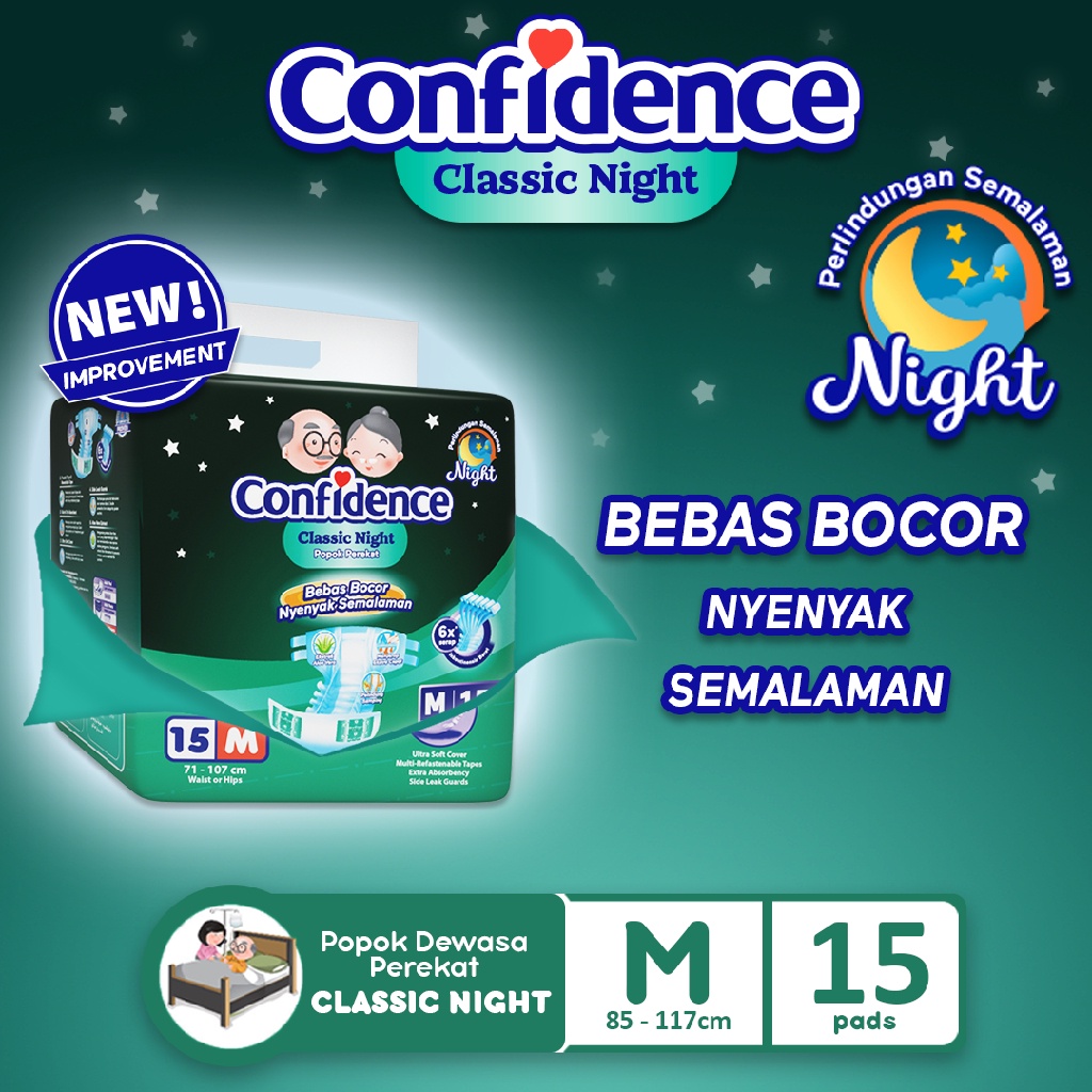 CONFIDENCE ADULT CLASSIC NIGHT M 15 / POPOK DEWASA PAMPERS ORANG TUA SIZE M ISI 15PCS