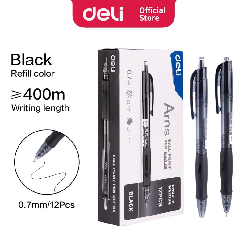 

Deli Retractable Ballpoint Pulpen Cetek Tip 0.7 mm Warna Hitam Biru EQ17-BK EQ17-BL