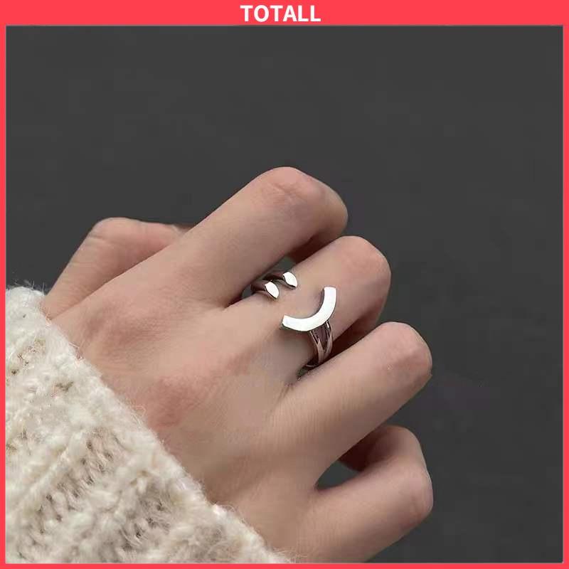 COD Cincin Model Terbuka Adjustable Desain Smiling Face Warna Silver Untuk Wanita-Totall