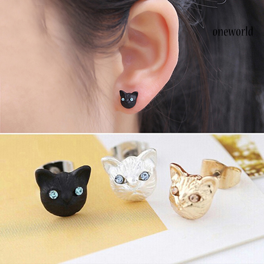 OW@ 1 Pair Women Cute Cats Head Rhinestones Inlaid Ear Studs Earrings for Party Club