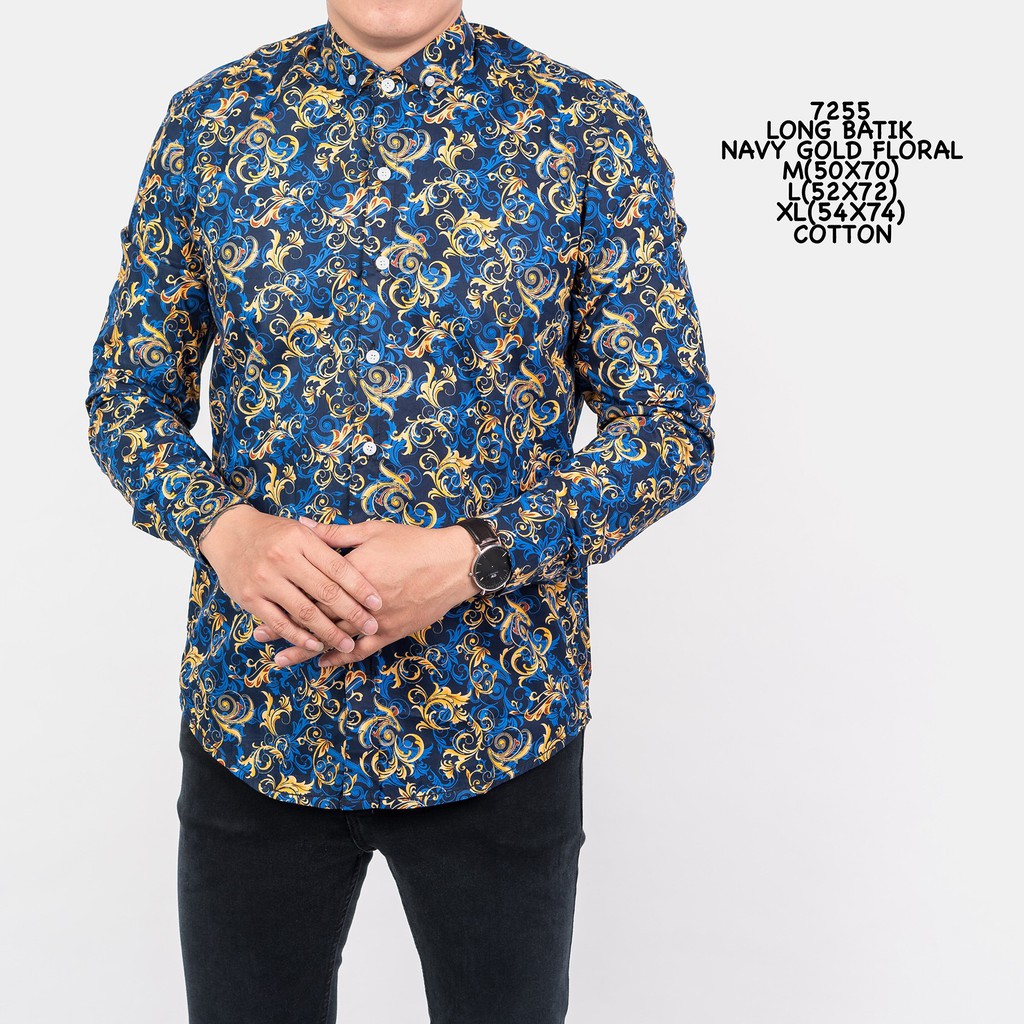 Credo Promo 7255 Kemeja Batik Pria Lengan Panjang Biru Navy Gold Floral murah