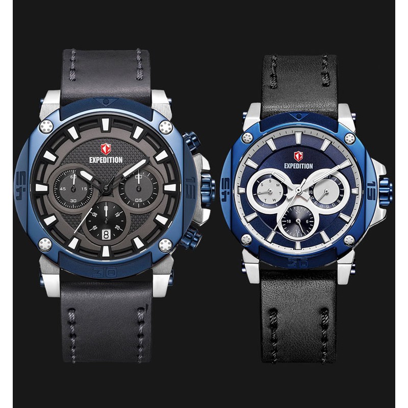 Expedition E 6606 SBBW Couple Chronograph Silver Case Black Leather Strap