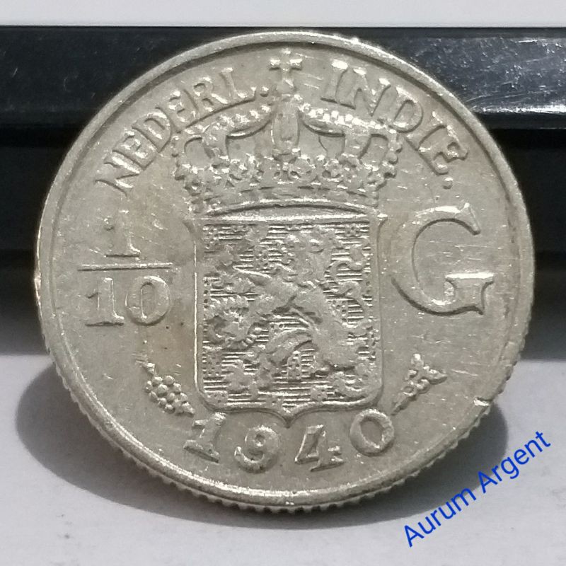 SC.23-- 1 PC KOIN PERAK KUNO ASLI 1/10 GULDEN NEDERL INDIE TH 1940. -- SILVER COIN --