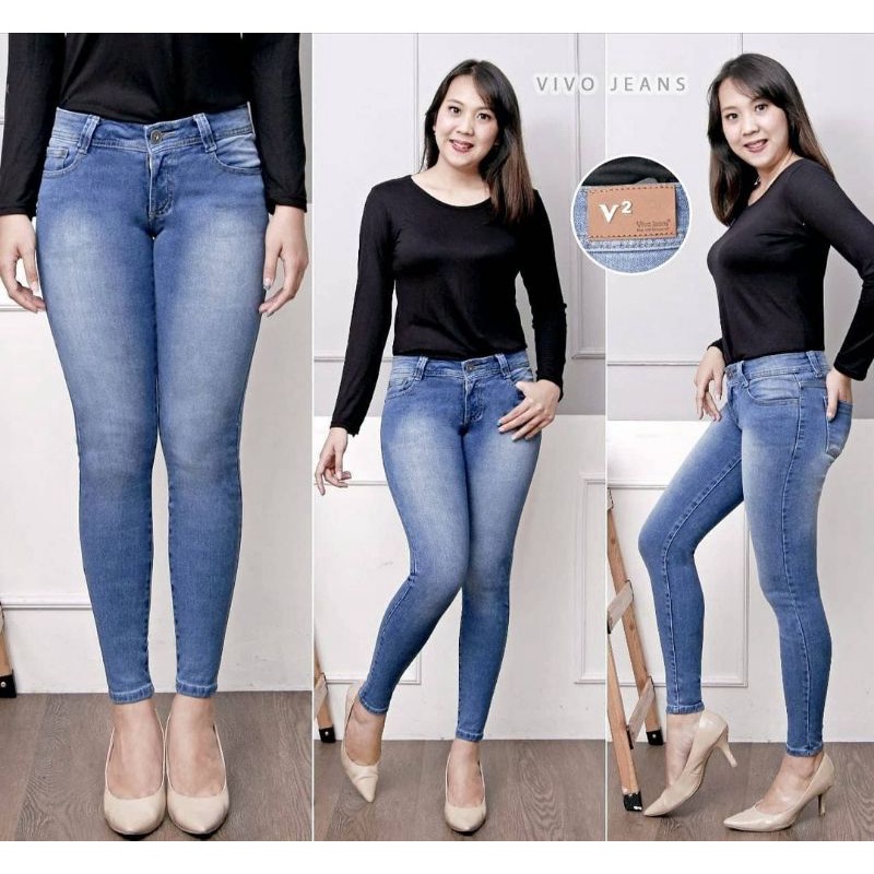VIVO jeans Celana panjang jeans stretch medium waist celana jeans skinny wanita/celana jeans import/
