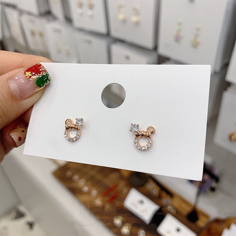 925 jarum perak Korea Dongdaemun cute mini tikus kecil stud anting-anting berlian imitasi Mickey ant