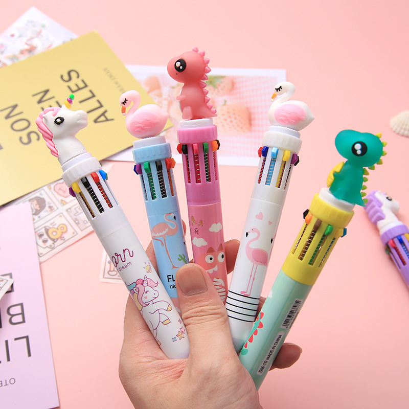 Pulpen Multifungsi Bentuk Kartun Dinosaurus / Unicorn Tahan Lama 10 Warna Untuk Pelajar