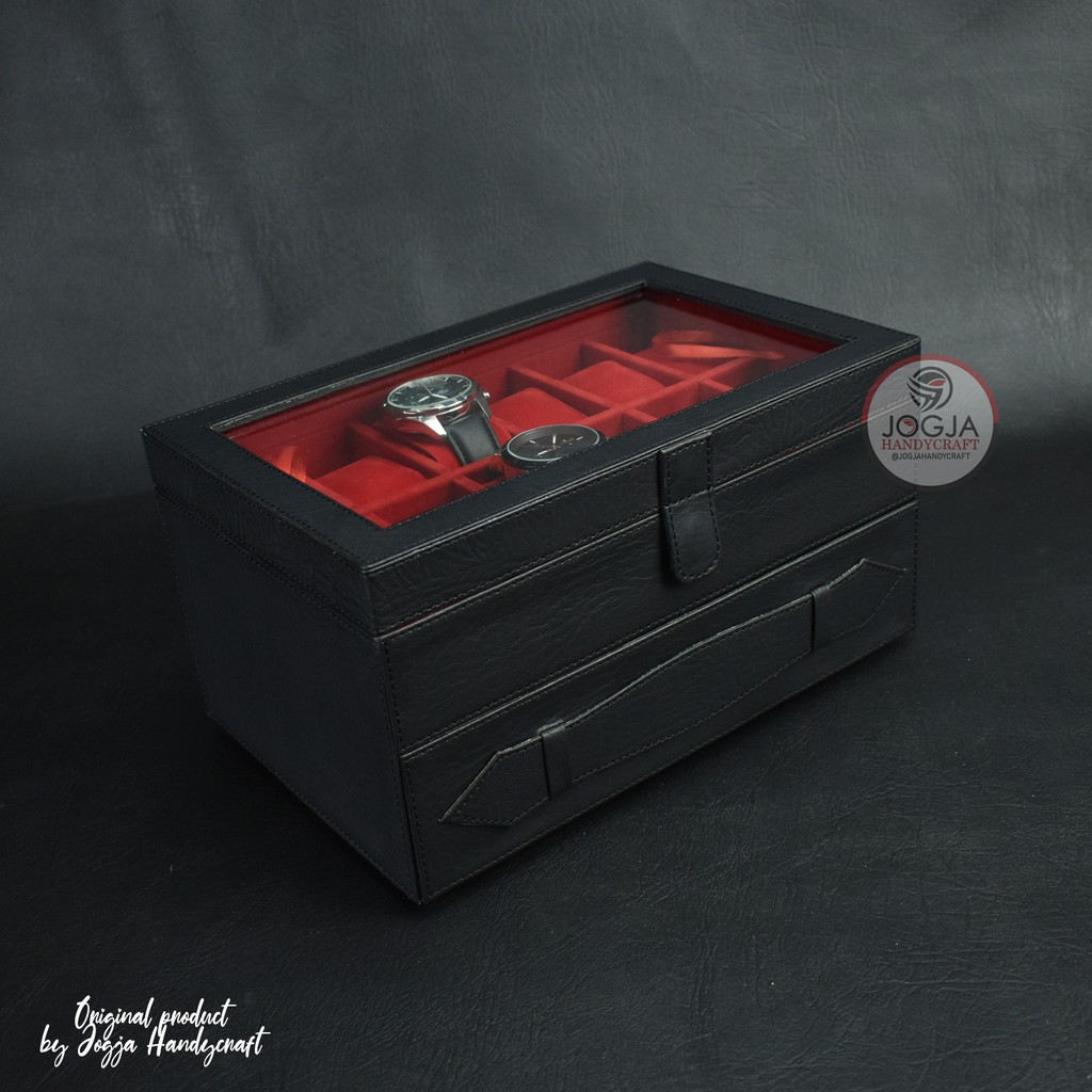 Black Red Kotak Tempat Jam Tangan Isi 12 Laci Perhiasan / Watch Box