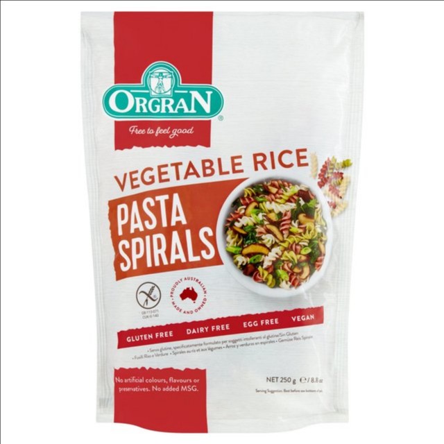 orgran vegetable rice pasta spirals gluten free vegan 250gr fusilli