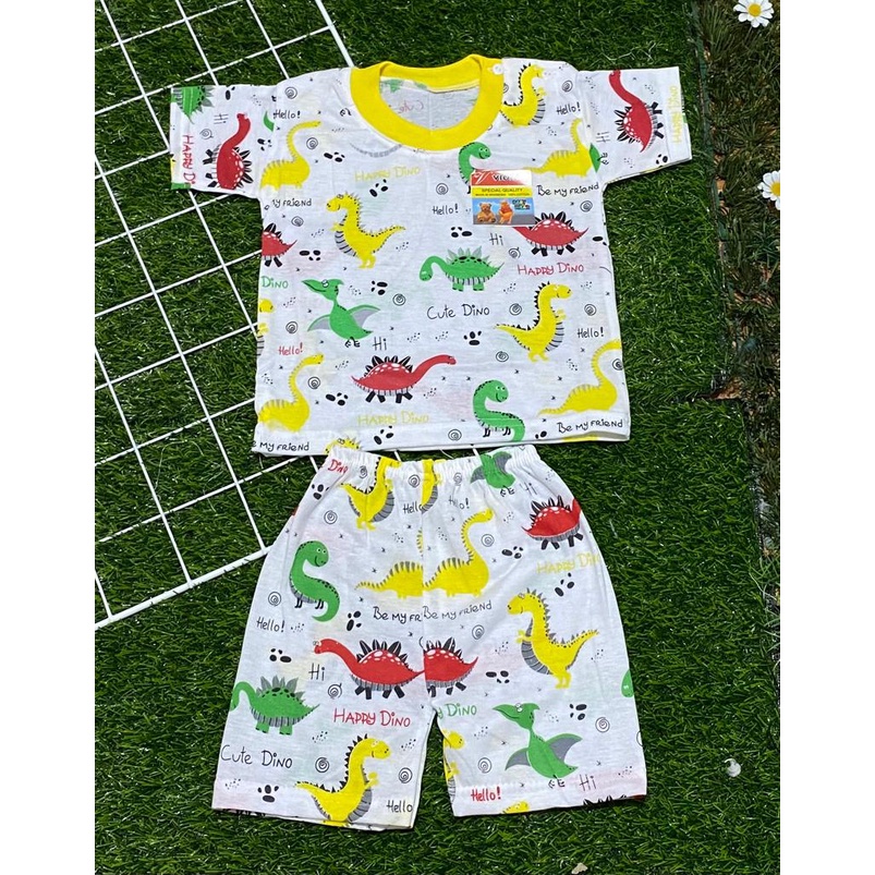 baju anak lucu murah motif full print dino setelan pendek 3-18 bulan (PD 032)