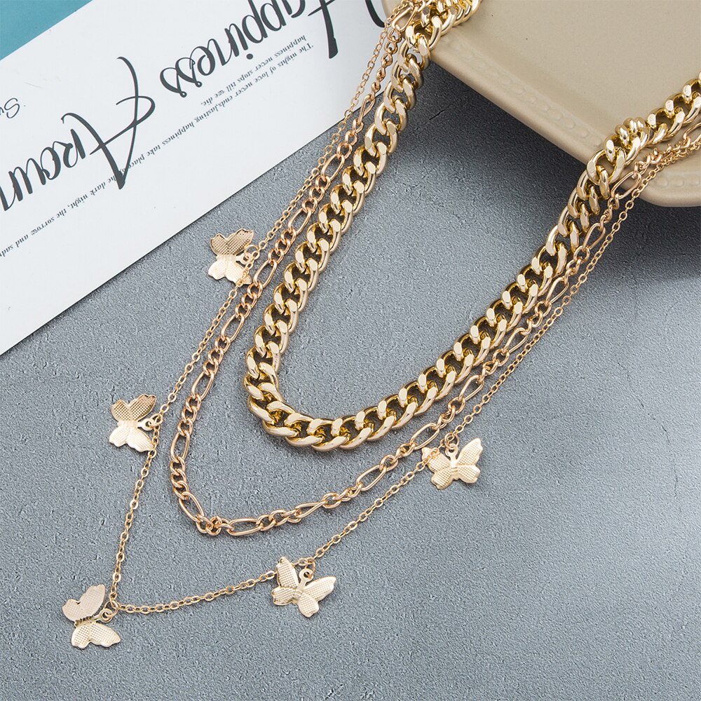 Vintage Multilayer Pendant Butterfly Necklace for Women Gold Chain Fashion Jewelry