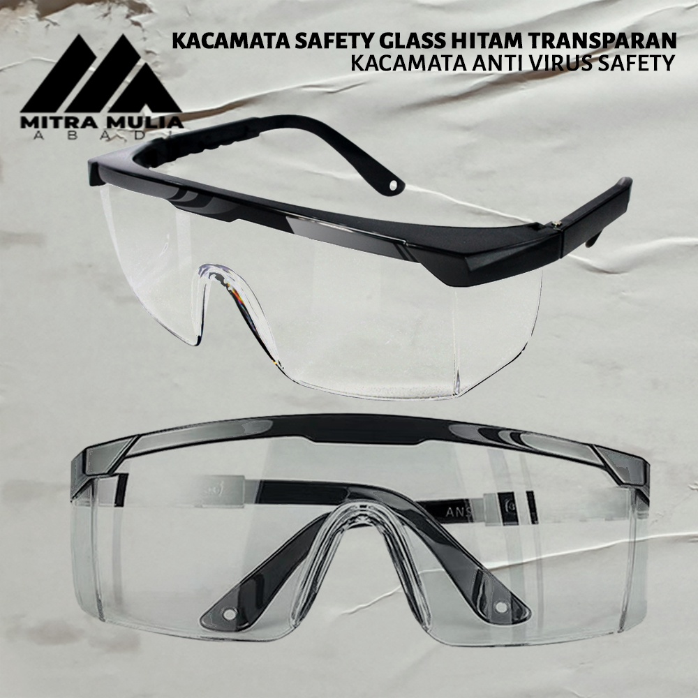 Kacamata Safety Glass Hitam Transparan | Kacamata Anti Virus Safety