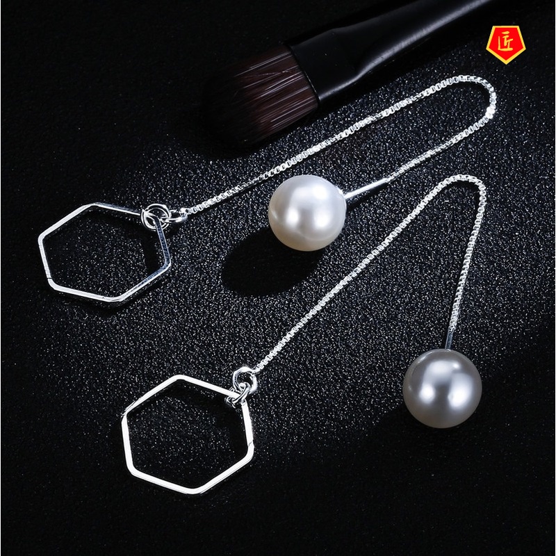 [Ready Stock]Korean Simple Fashion Tassel Long Pearl Geometric Earrings