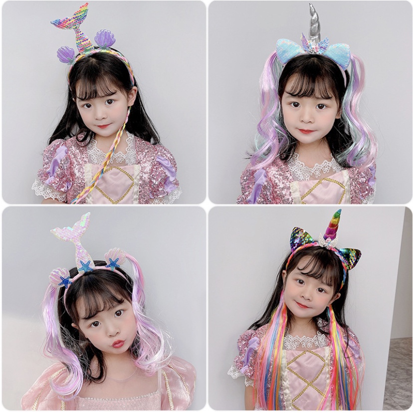 babyfit bando kepang LED anak perempuan bando lampu dengan rambut ekstension mermaid unicorn pn-930