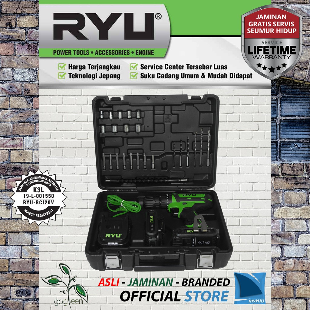 Mesin Bor Tanpa Kabel 20 Volt 3/8&quot; Inch PUKUL + LED + Koper + Mata Bor - Impact Cordless Drill RYU