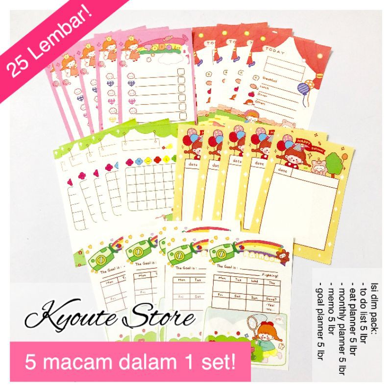 

25 Lembar Memo To Do List Planner 5 in 1 Lucu Dekorasi Jurnal Bujo Diary DIY Catatan