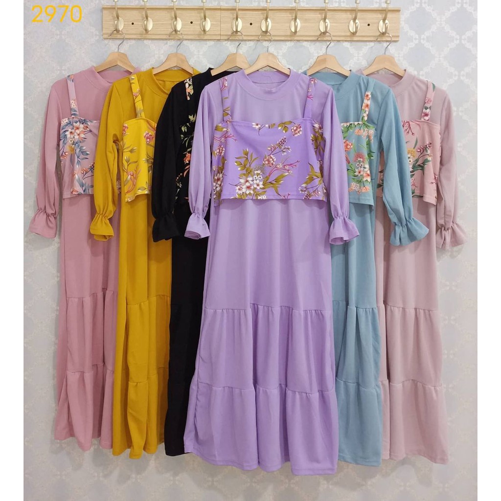 Gamis rompi motif polos dan bunga bahan voxy merk adella (2970)