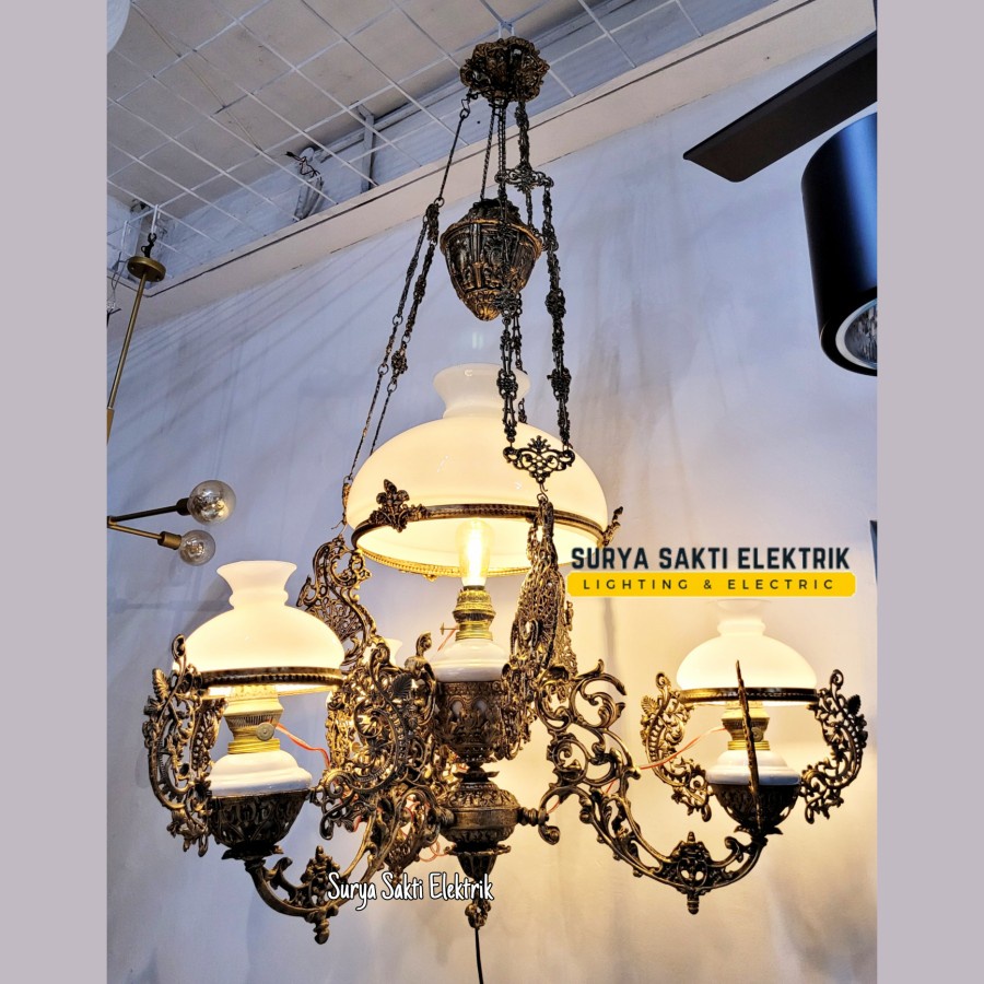 LAMPU GANTUNG KLASIK JAWA GOLD CABANG 3+ 1 BESAR MEWAH RUANG TAMU