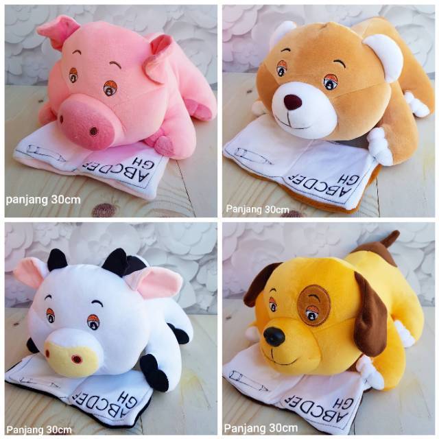 Boneka animal reading pig cow dog bear baca buku belajar study