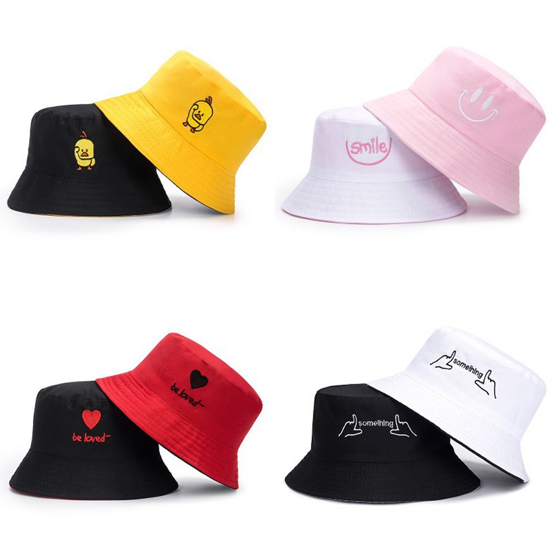 Topi Bucket Dua Sisi Motif Bordir Warna Macaron Untuk Unisex