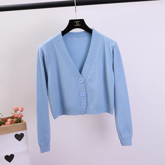Bailey / Bianca Crop Cardi - Kardigan  Rajut Kombinasi Kancing-Baby Blue