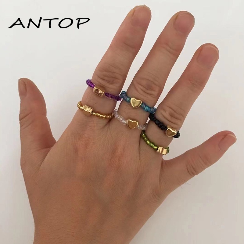 Cincin Manik-manik Kristal Wanita Tali Elastis Lucu Romantis Cincin Berbentuk Hati Yang Chic Dapat Disesuaikan  ANTOP