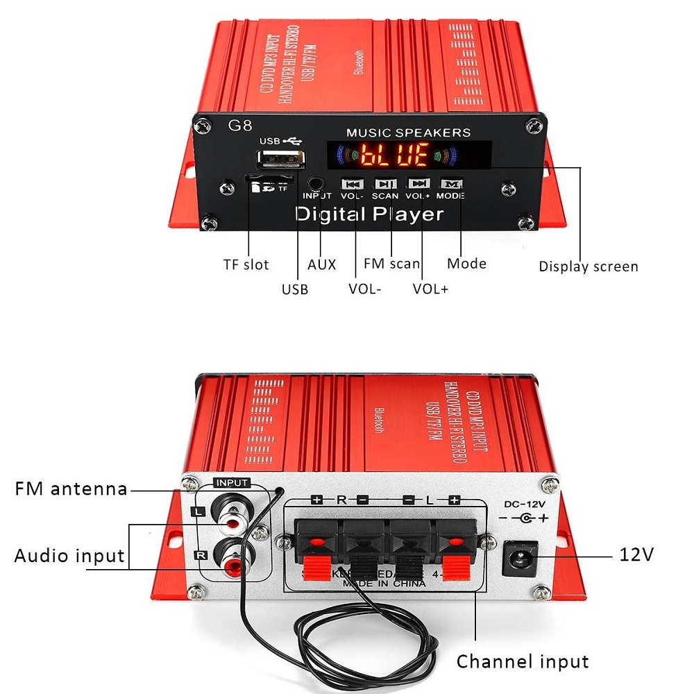 Penguat Daya Audio Mobil Car Audio Power Amplifier 12V 200W - G8 - Red