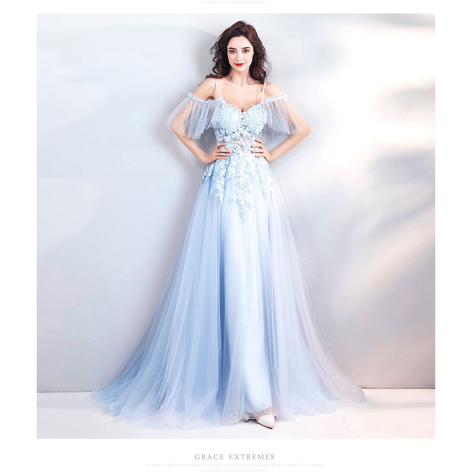 New sky blue off shoulder sweet long lady girl women princess bridesmaid banquet party ball dress go